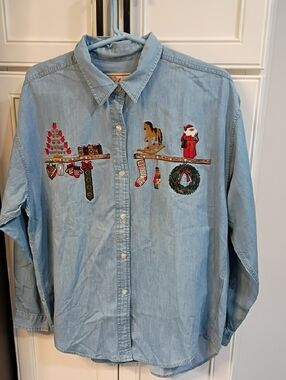 Woolrich Light Blue Embroidered Holiday Denim Button-Down Shirt